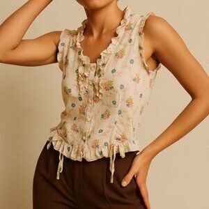 Anna sui Anthropologie Floral Cottagecore Prairie Sleeveless Top Cream Boho Xs